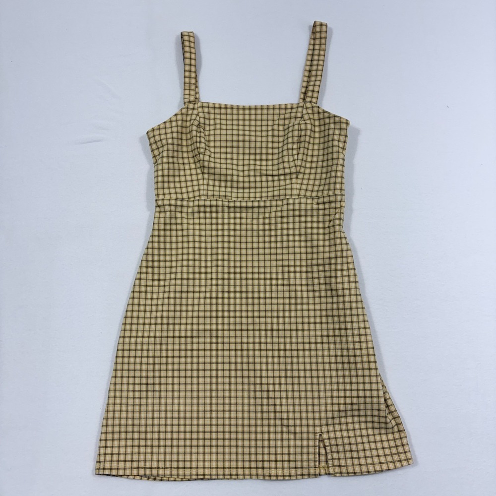 Hollister Yellow Plaid Mini Dress Sz M 90s Clueless Side Slit Preppy Academia